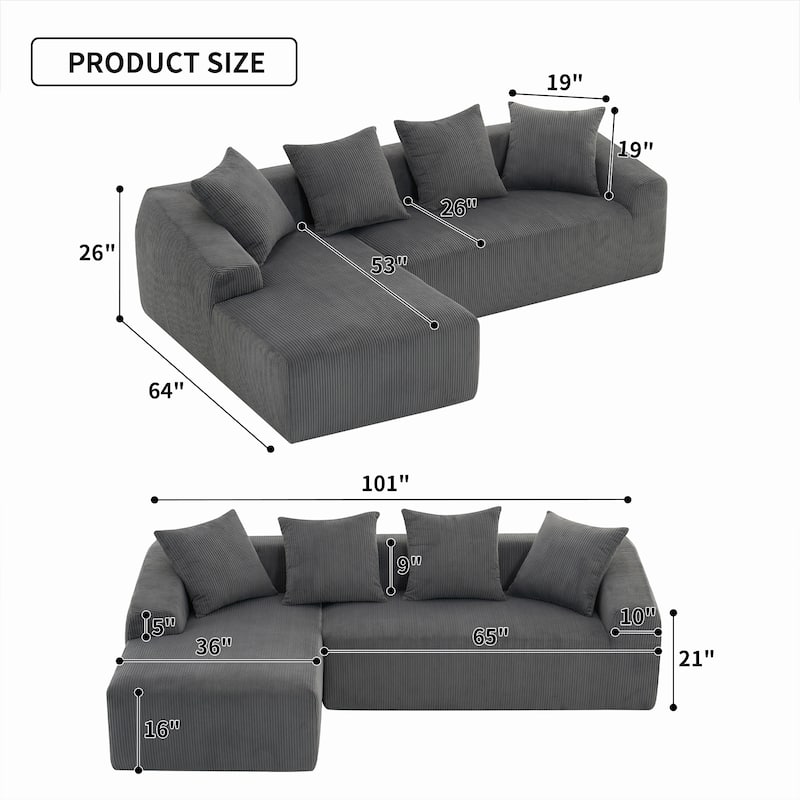 Chaise 3-Seater Sofa, Plush Corduroy, 4 Pillows, Compact