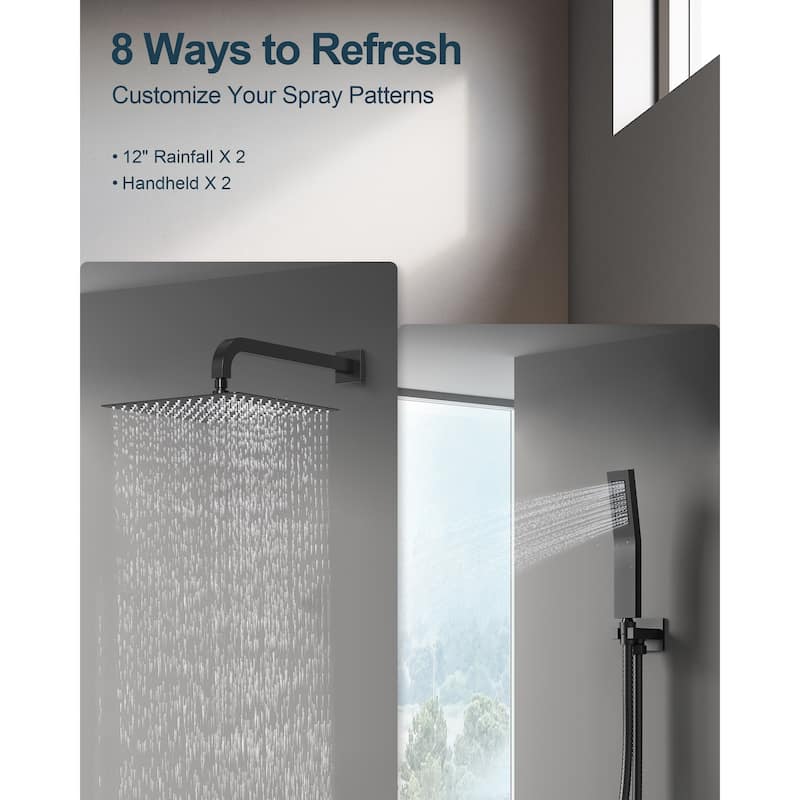 GRANDJOY 12 inch Wall Mounted Dual Shower Heads with Handheld Spray Combo Thermostatic High Pressure Shower System