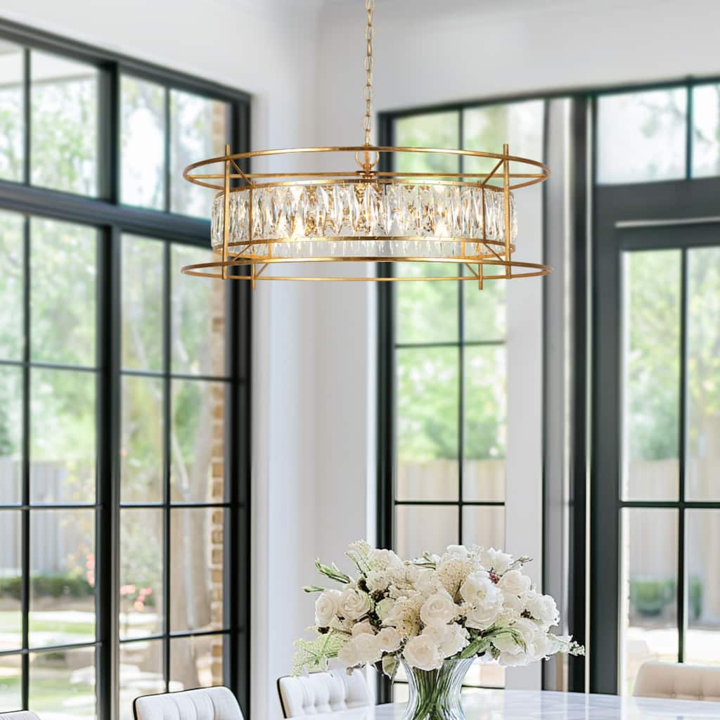 Modern Glam 6-Lights Crystal Chandelier Vintage Goldleaf Pendant Light Drum Kitchen Island Light for Dining Room