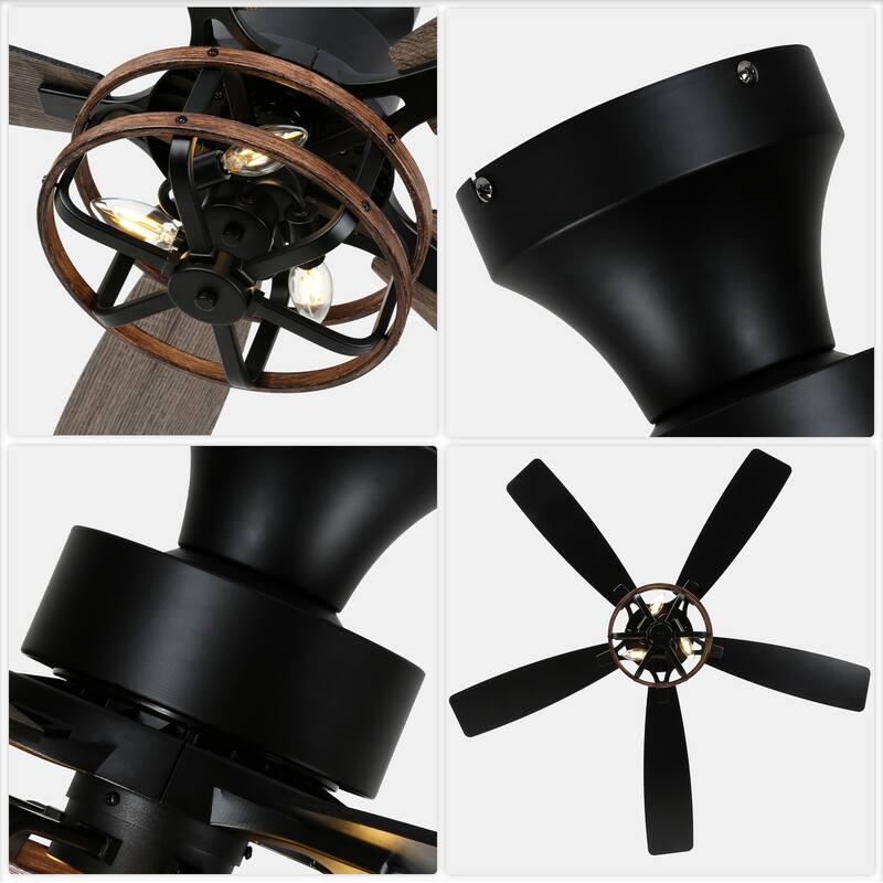 Bella Depot 52" Black Industrial Flush Mount Ceiling Fan with Light and Remote 6-speed Reversible DC Motor Low Profile Fan