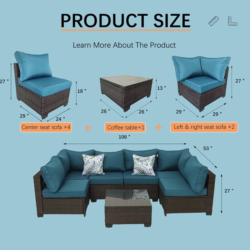 7-Piece Wicker Outdoor Sectional Set with Glass Table and Cushions