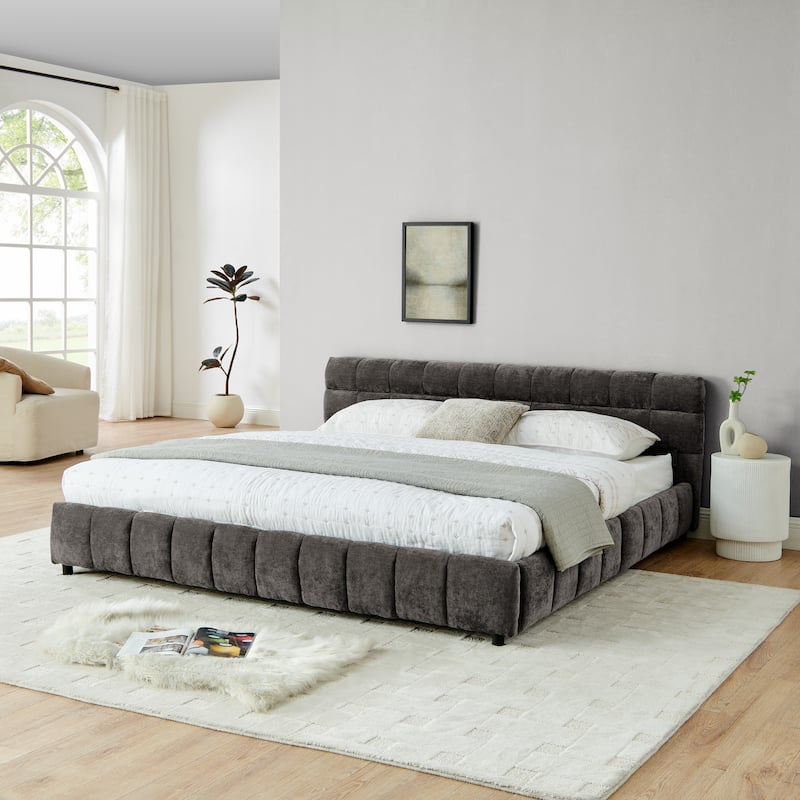 Block Thick Chenille Low Profile Platform Bed Fabric Upholstered Bedframe with Headboard Solid Wood Frame - Optional Storage Bed