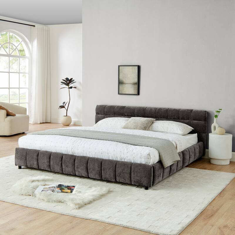 King Size Upholstered Bed, comfortable upholstered bed frame, Chenille fabric, with headboard and solid bed frame