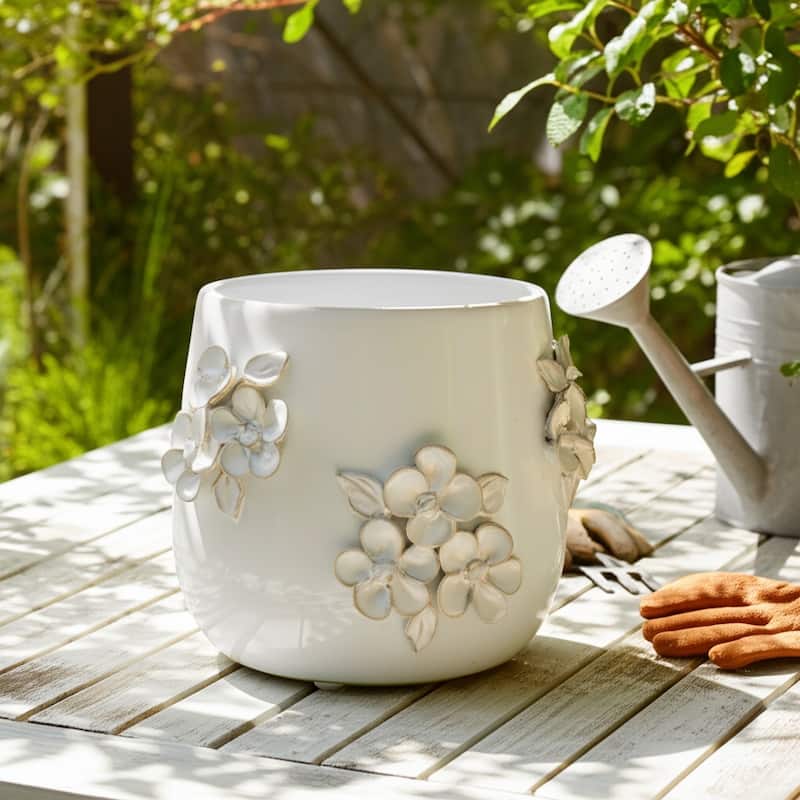 Ceramic Planter with Raised Floral Detailing and Glossy Texture