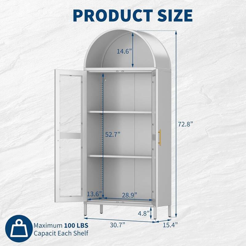 73'' Tall Metal Arched Cabinet, Modern Arch Kitchen Pantry Storage Cabinet with Glass Doors