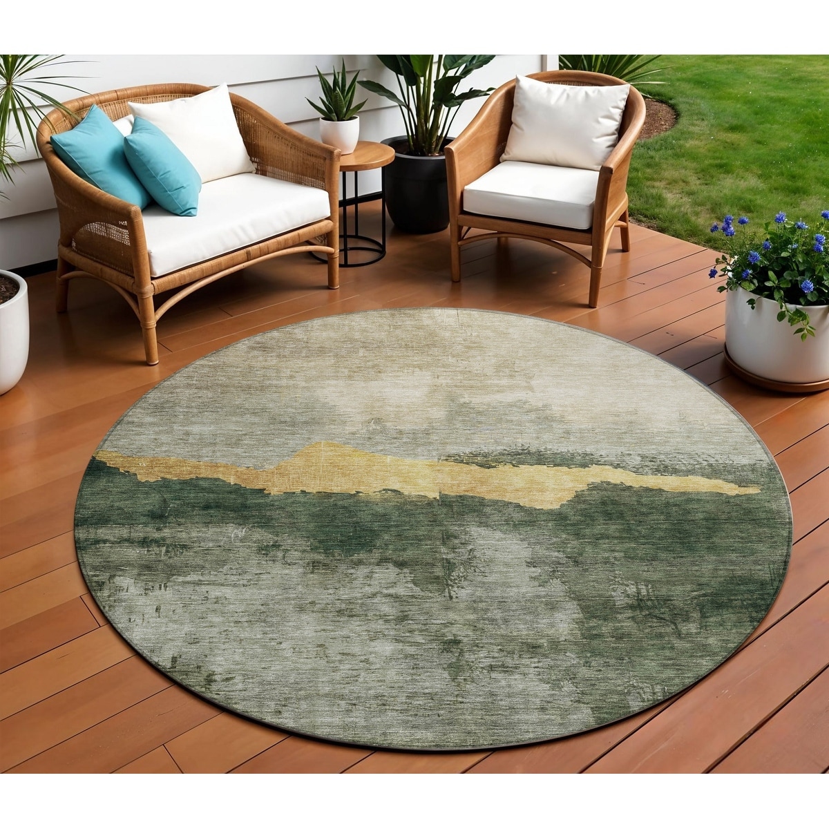 8' Fern Green Gold And Gray Round Abstract Washable Indoor Outdoor Area Rug - 6' x 9'