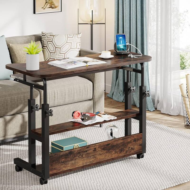 32" Portable Desk with Power Outlets, Height Adjustable Side Table, Rustic Brown.