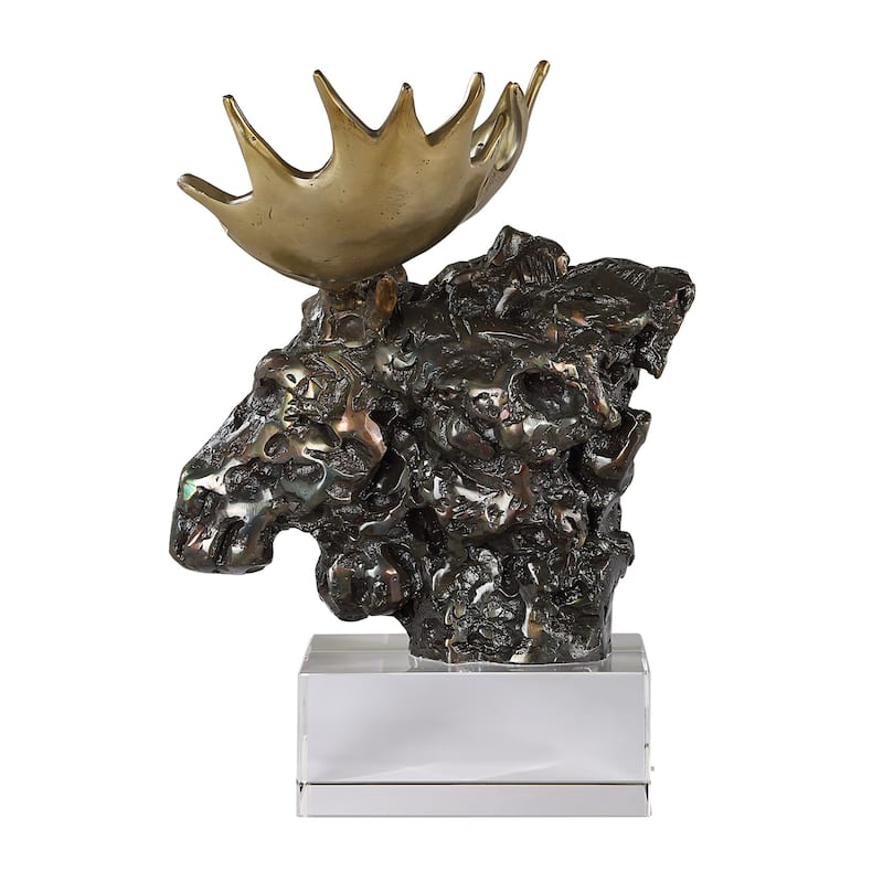 Moose Bust Sculpture with Crystal Base - 12.25" - Bronze and Gold