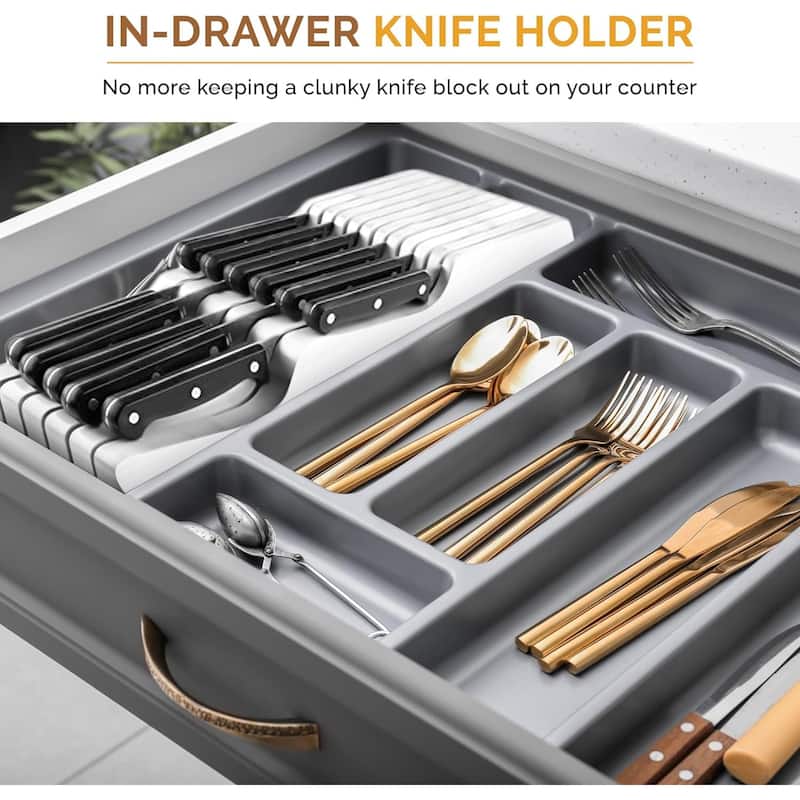 In-Drawer Knife Block Organizer - Bamboo Wood Drawer Knife Organizer - Holds 5 Long + 6 Short Knives (Not Included)