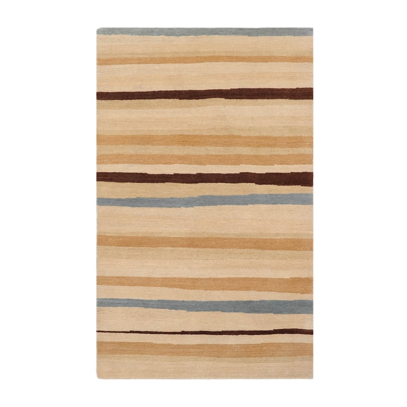 Hand Knotted Tibetan Beige,Tan Striped Wool Modern Oriental Area Rug - 3' x 5'