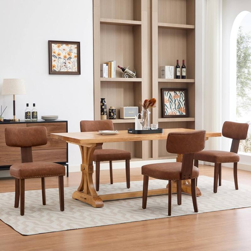 Set of 2 Modern Leather/Linen Dining Chairs - Curved Backrest w/Hardwood Frame