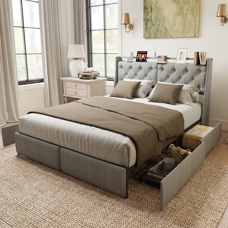 King Metal Platform Bed Frame - Grey, Storage Headboard with RGB LED & Charging Station