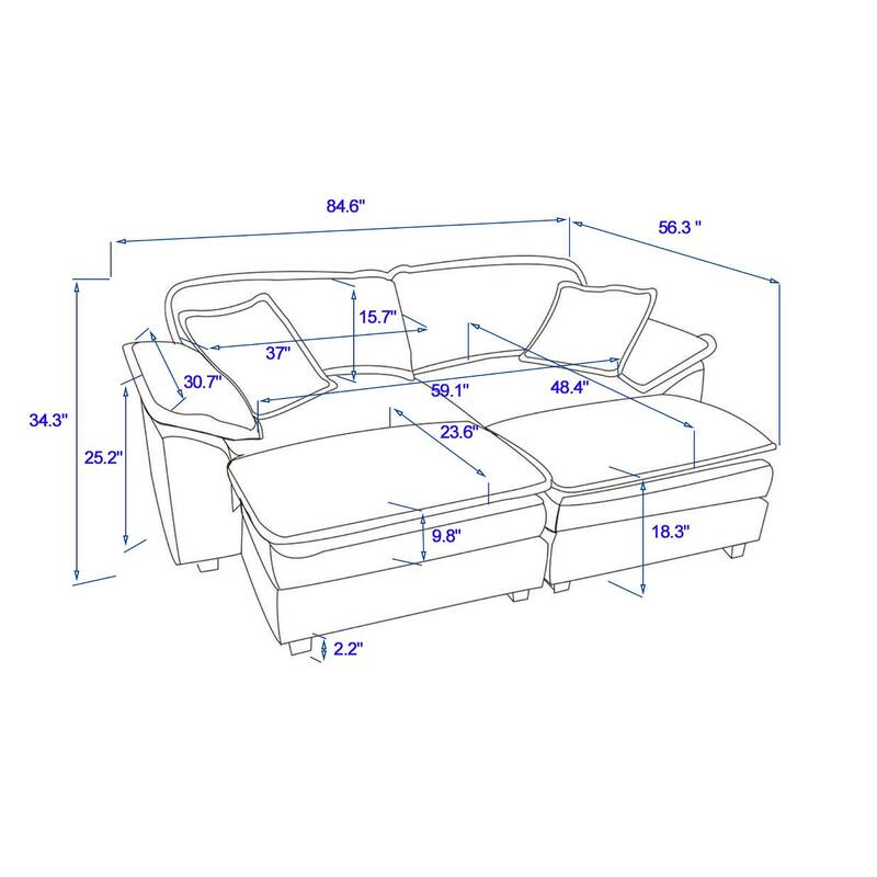 84.6" Corduroy 2-seats sofa With 2 back pillows,2 toss pillows and two ottoman