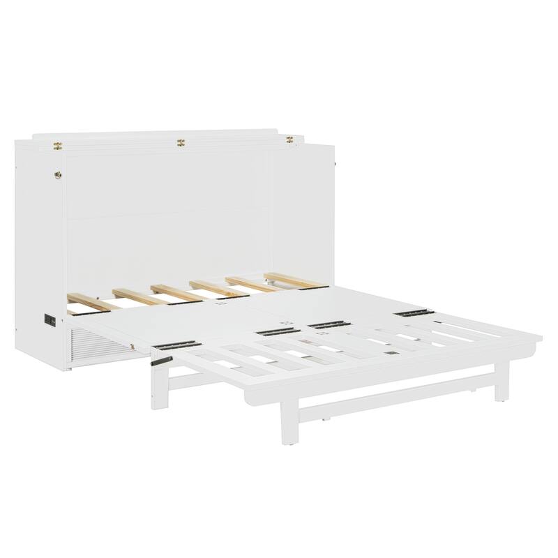 Queen Size Murphy Bed with Large Storage Drawer, USB Ports, and Outlets - Gray, Space-Saving Design