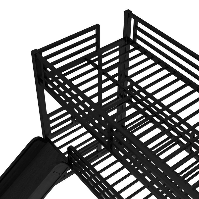 Twin/Twin/Full Triple Bunk Bed with Slide - Metal Frame, Safety Guardrails, Noise-Reduced (Black)