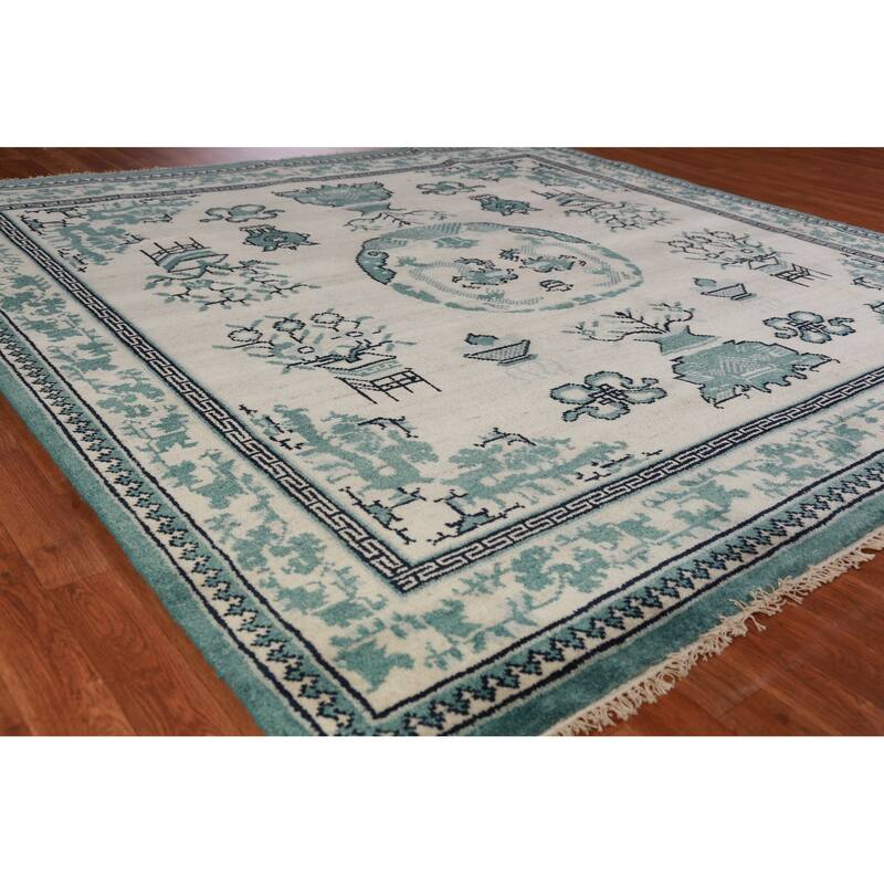 Hand Knotted Oriental 100% Wool Carpet Traditional Geometric Beige & Ivories Art Deco Area Rug - 7' 10'' X 7' 11''