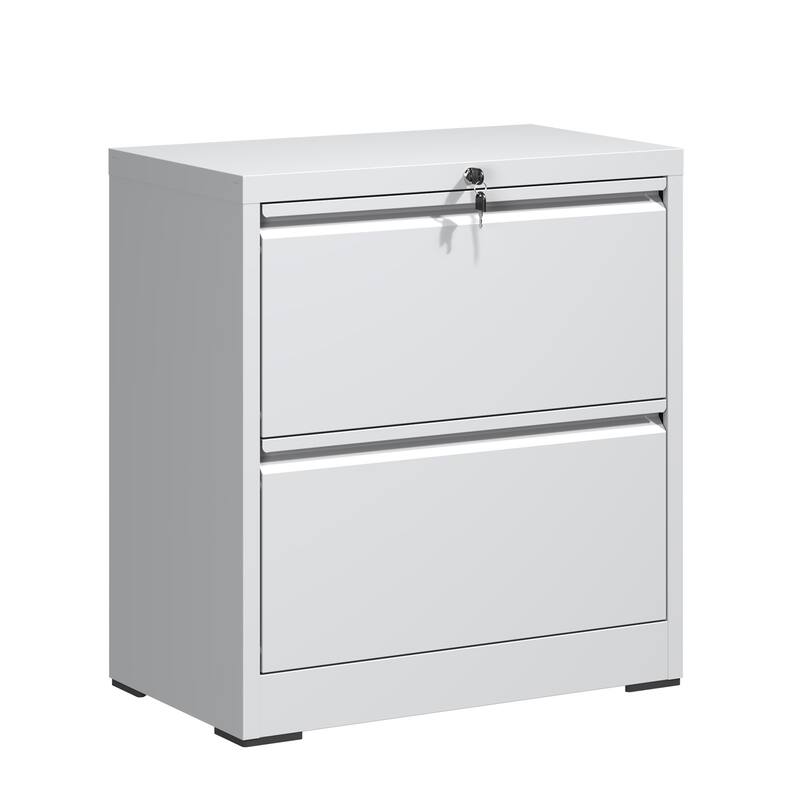 Modern Side-Pull File Cabinet, Wide Horizontal Filing Cabinet with Lock, 2 Drawers, Silent Slides, for Home Office, White