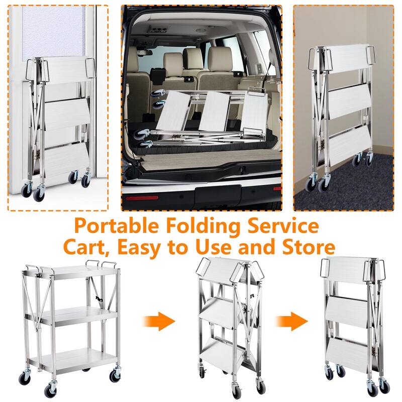 3-Tier Folding Utility Service Cart with Lockable Wheels