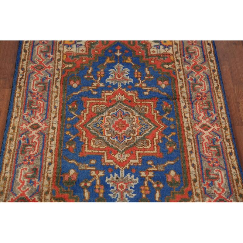 Blue Geometric Heriz Serapi Indian Foyer Rug Handmade Wool Carpet - 3'0"x 5'0"