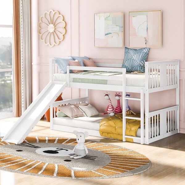 Wooden Twin Over Twin Bunk Bed with Slide Ladder and Safety Guardrails for Low Bunk Bed for Kids Grey