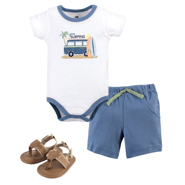 slide 1 of 1, Hudson Baby Infant Boy Cotton Bodysuit, Shorts and Shoe 3pc Set, Gone Surfing 0-3 Months - Gone Surfing