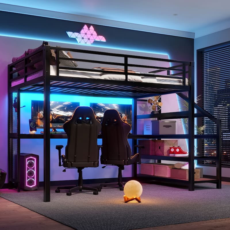 Full Loft Bed with Desk and Storage Stairs, Metal Loft Beds with LED Lights, USB Ports, Multifunctional Iron Nets