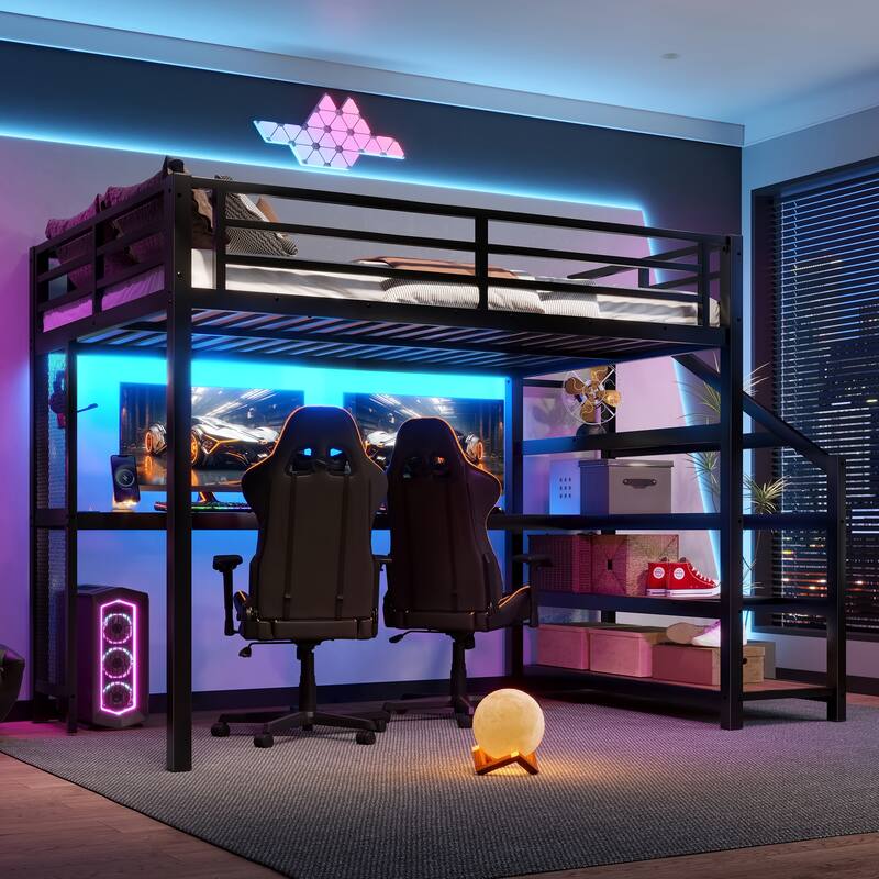 Space-Saving Full Size Loft Bed for Bedroom or Dorm with Desk, Storage Stairs, LED Lights, Charging Station and Net Board