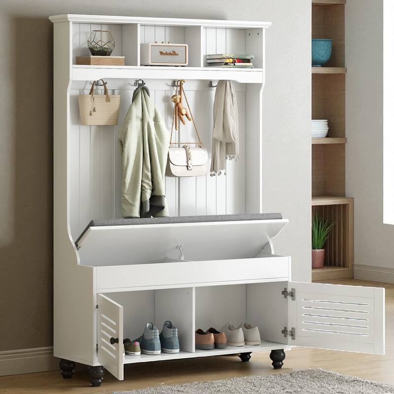 47.2" Hall Tree with Cushion Bench, 4 Hooks & Shutter-Style Doors, Entryway Coat Rack and Shoe Storage