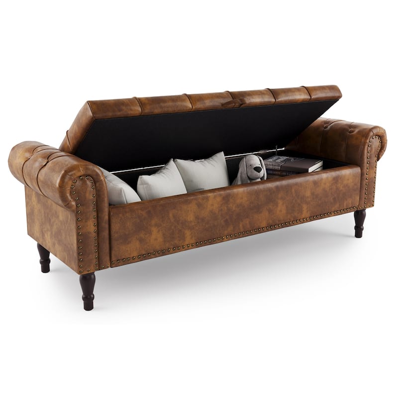 Modern Velvet Upholstered Storage Bench with Silver Nailhead Trim