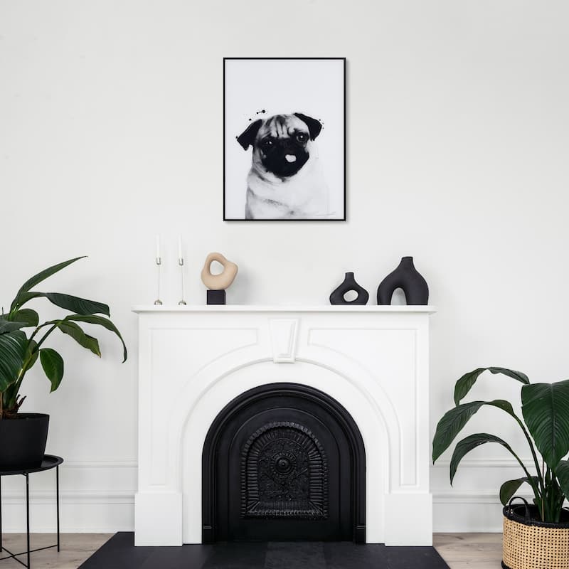 "Pug" Black and White Pet Paintings on Printed Glass Encased with a Black Anodized Frame
