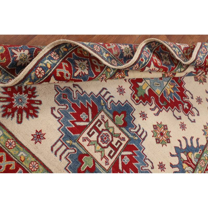 Ivory Kazak Oriental Area Rug Hand-Knotted Geometric Wool Carpet - 5'1" x 6'7"