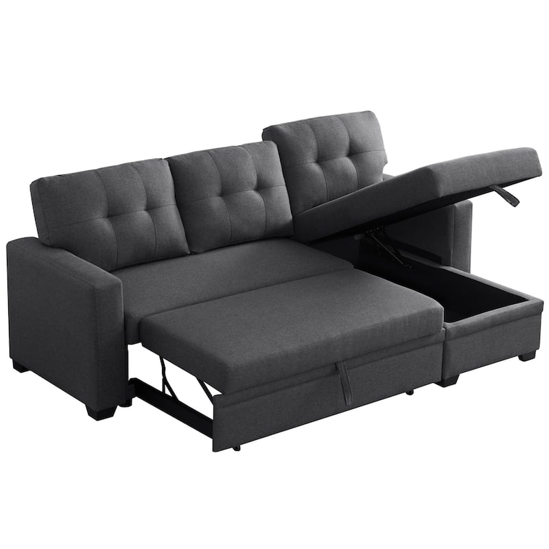 Pull-out Upholstered Sectional Sofa with Storage Chaise & Removable Cushions