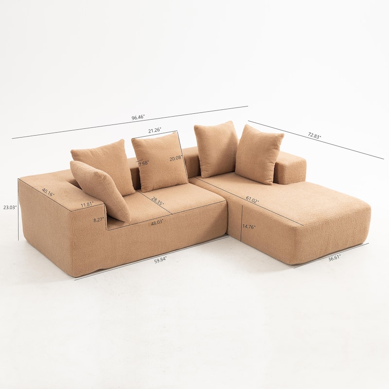L-Shaped Modular Sectional Sofa, Full Foam Compressed Deep Seat Sofa, Upholstered Corner Sofa with 5 Throw Pillows