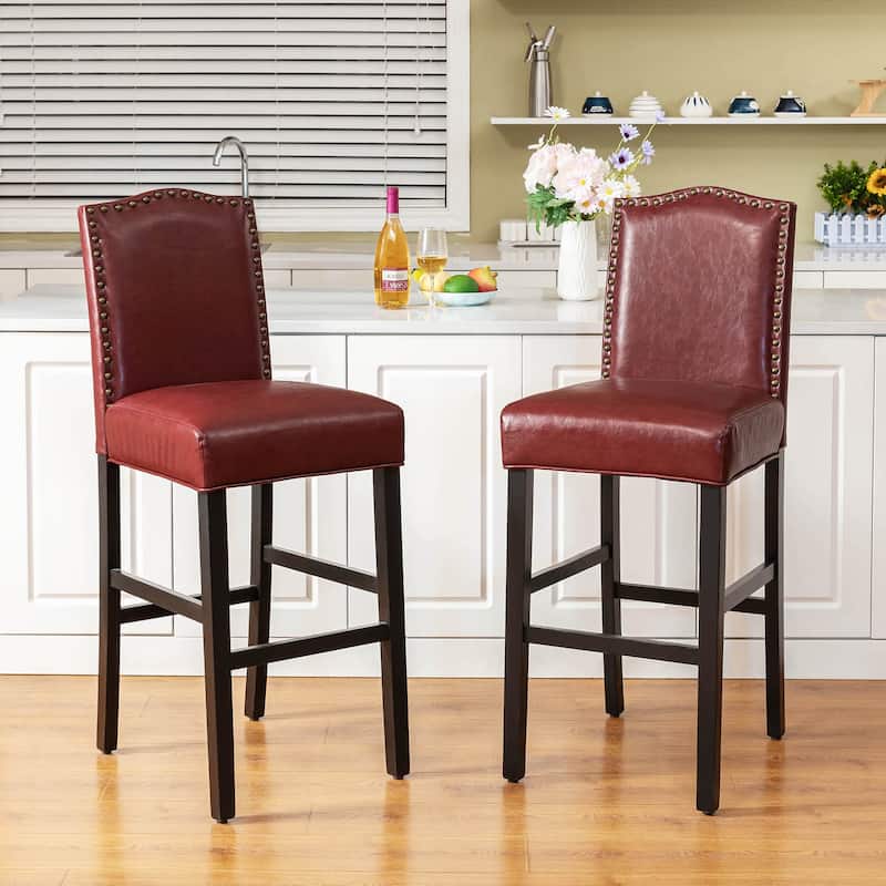 Glitzhome Set of 2 45"H PU Riveted Upholstered Bar Stools Pub Chairs