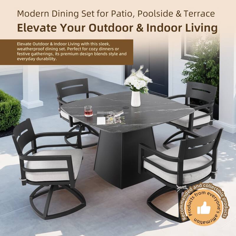 5-Piece Outdoor Aluminum Square Dining Set with Sintered Stone Top, Swivel Rockers, Sunbrella Fabric