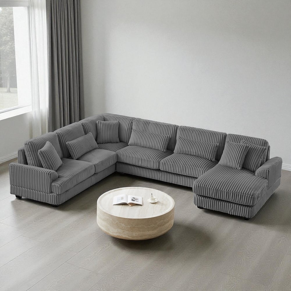 129" Oversized U-Shaped Sectional Sofa with Chaise Lounge, Soft Corduroy Upholstery and Pillows for Living Room