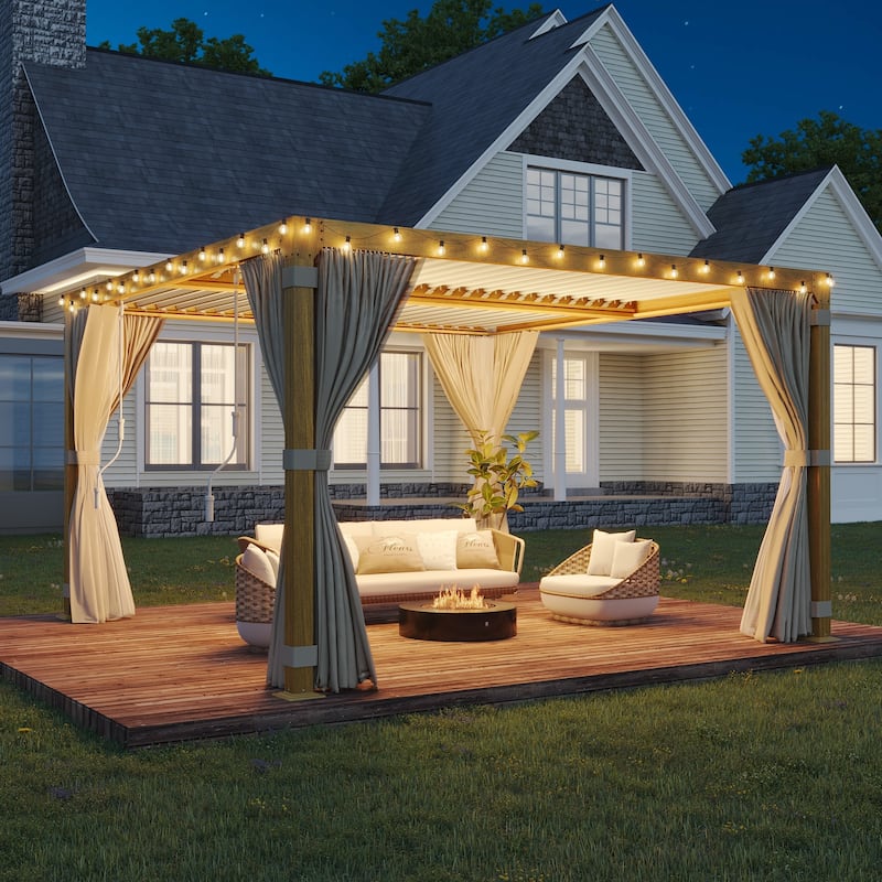 Outdoor Louvered Pergola, Outdoor Patio Hardtop Gazebo, Adjustable Metal Roof Curtains and Netting Included