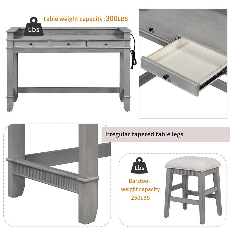 4-Piece Bar Dining Table Set with Stools & 3 Storage Drawers, Counter Height Kitchen Table Set with USB Charging Ports