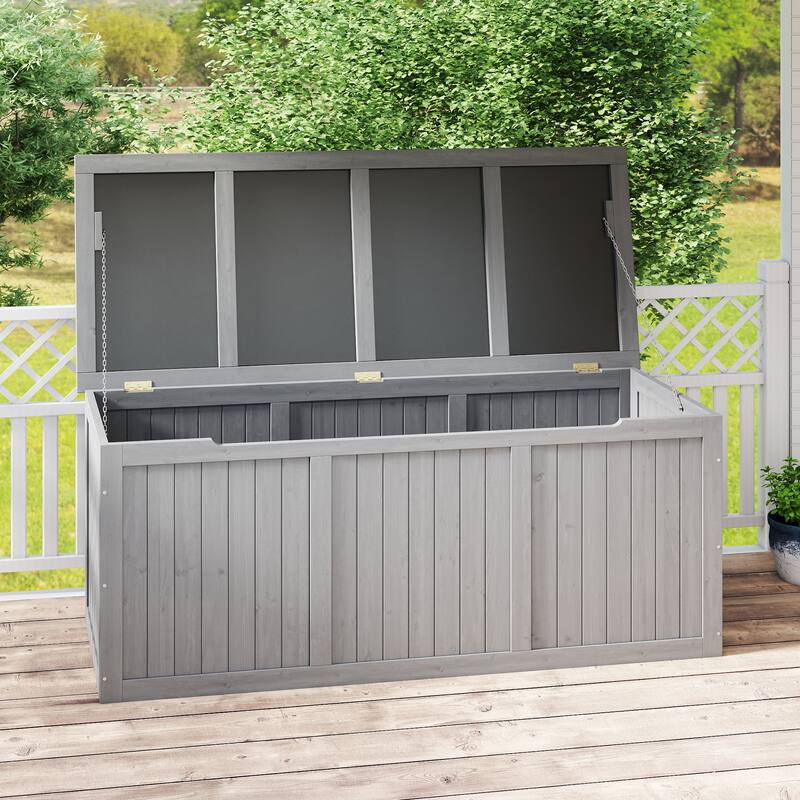 112 Gallon Wooden Deck Box Solid Wood Storage Box Seat & Table Top for Patio Furniture Cushions, Pool Toys & Garden Tools