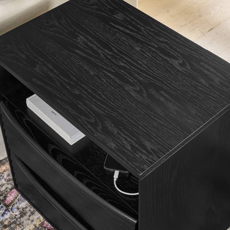 Roomfitters Mid Century Nightstand, Louver Design Bedside Table with USB Charging, Storage Drawers