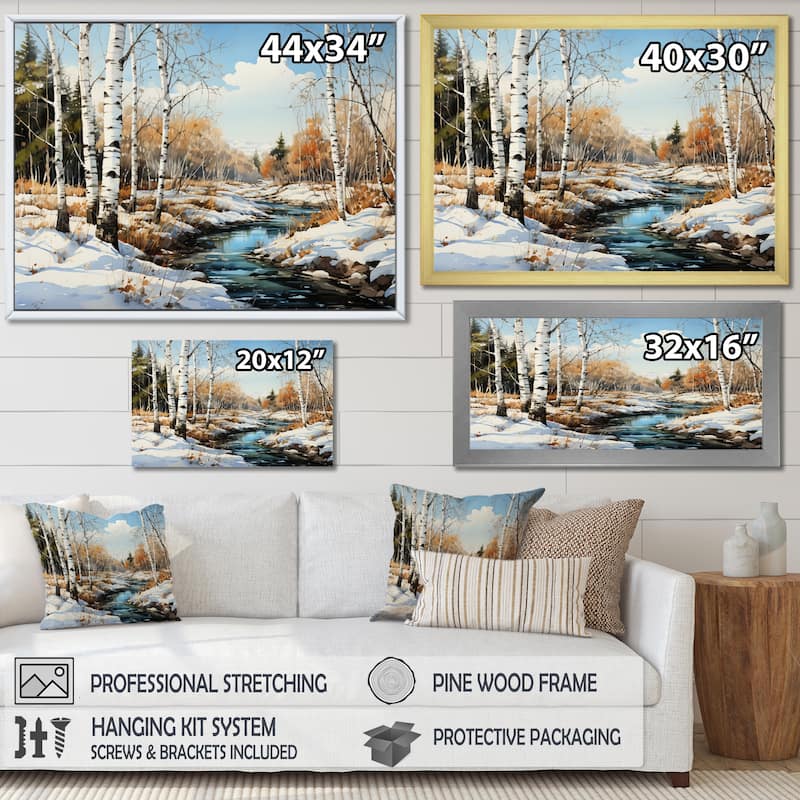 Designart "Birch Woods Winter Whispers III" Tree Birch Framed Wall Art Living Room