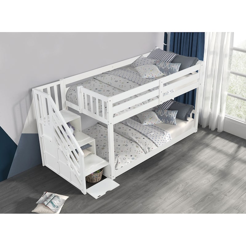Twin Over Twin Low Bunk Bed with Reversible Storage Drawers and Staircase