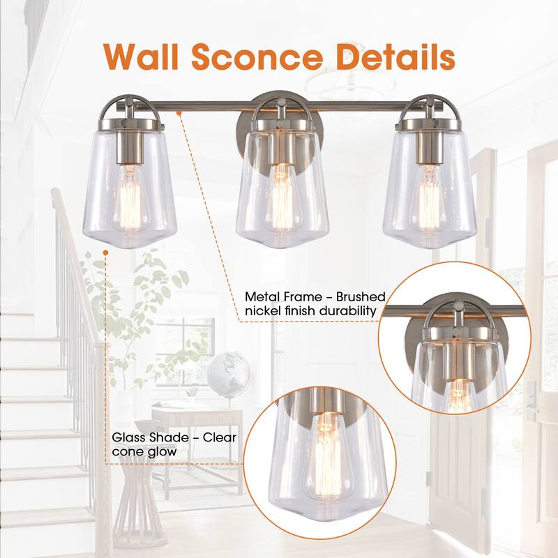 22" Modern 3-Light Glass Bathroom Vanity Wall Light Sconce