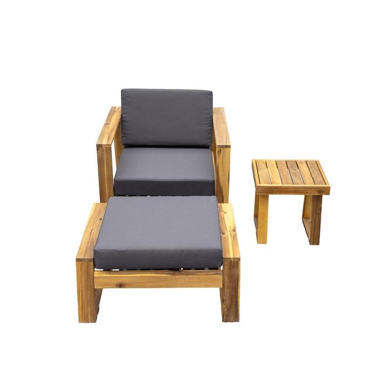 3-Piece Acacia Wood Outdoor Lounge Set with Chair and Ottoman for Patios Balconies and Gardens