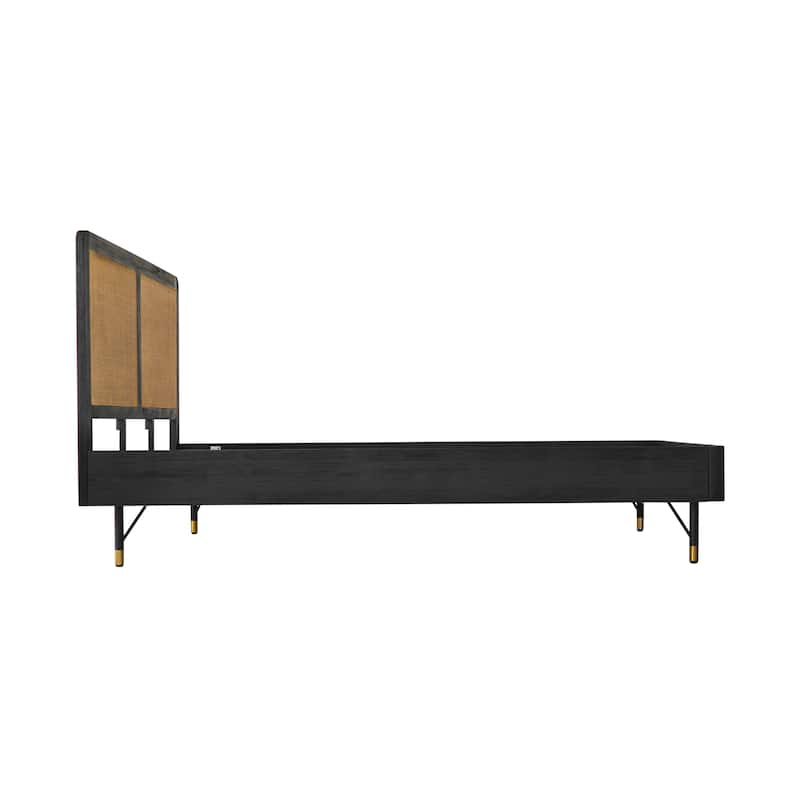 Saratoga Mid-Century Black Acacia Wood and Rattan Platform Bed