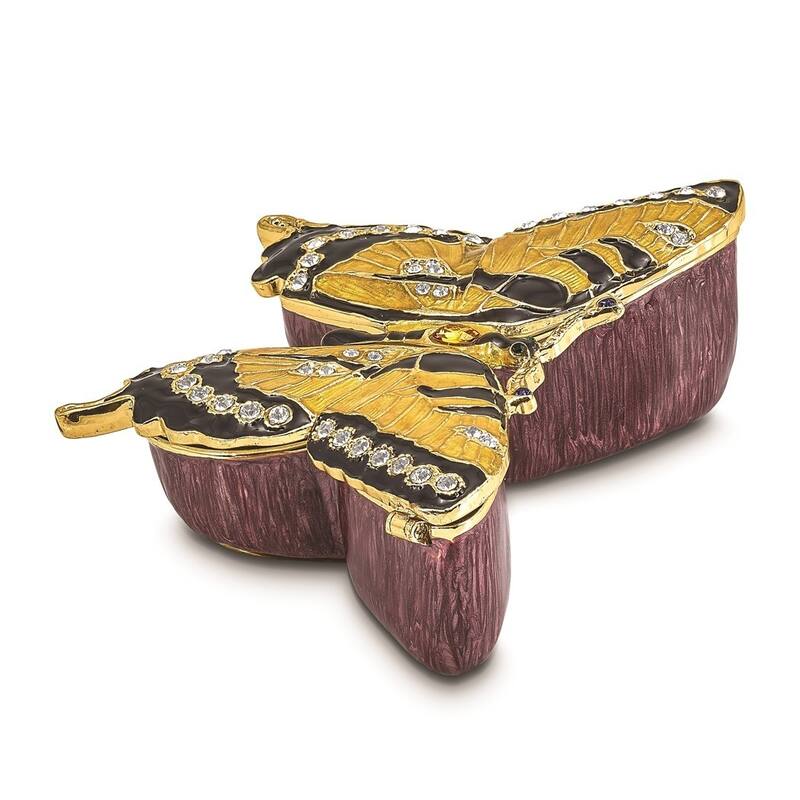 Curata Pewter Crystals Gold-Tone Enameled Marion Yellow Monarch Butterfly Trinket Box on 18 Inch Necklace