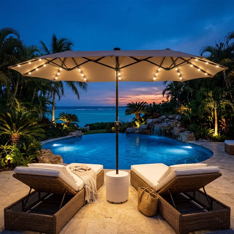 blue lighted patio umbrella COSIEST 13ft Double-Sided LED Patio Umbrella, Solar Lighted Outdoor Parasol, Waterproof UV Resistant