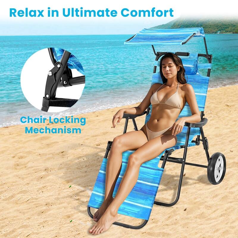 Beach Lounge Chair with Wheels and Canopy, Perfect for Pool or Picnic