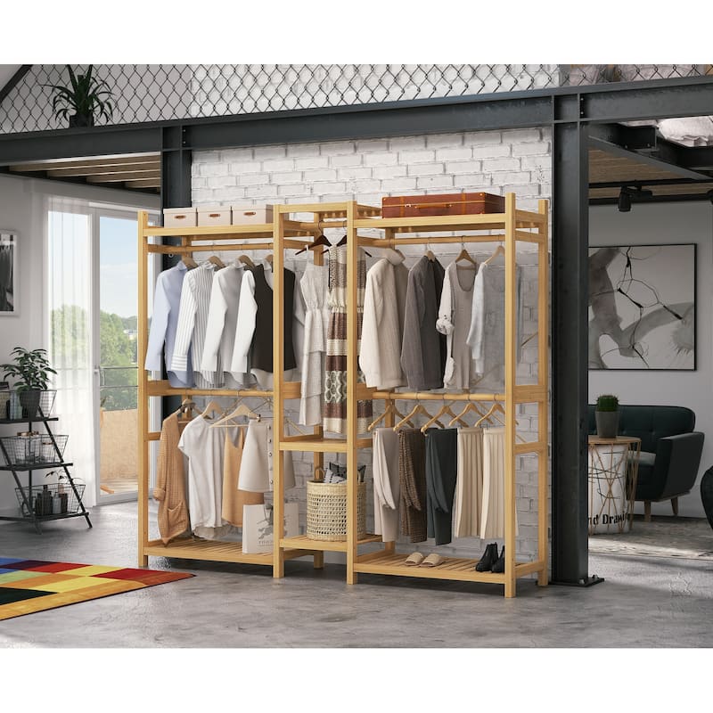 Bamboo Closet System Clothes Rack, Large Freestanding Garment Rack Clothing Rack for Hanging Clothes