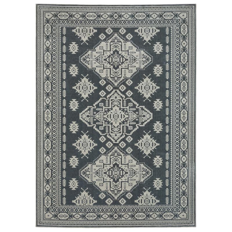 Style Haven Ingram Two-Tone Triple Medallions Area Rug - 6' 7" x 9' 6" - Blue/ Grey - Runner/Rectangle